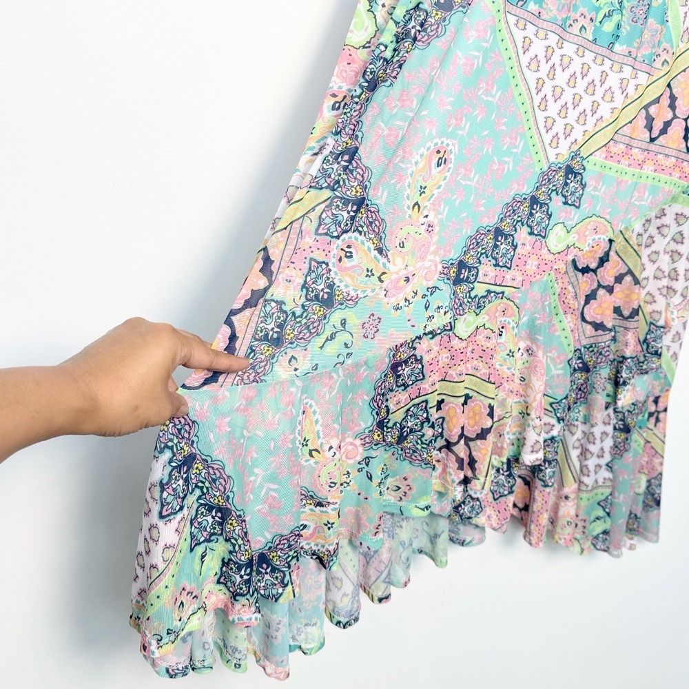 Ruby Rd Pastel Paisley Patchwork Boho Skirt Large Mesh Ruffle Asymmetrical - Picture 7 of 10